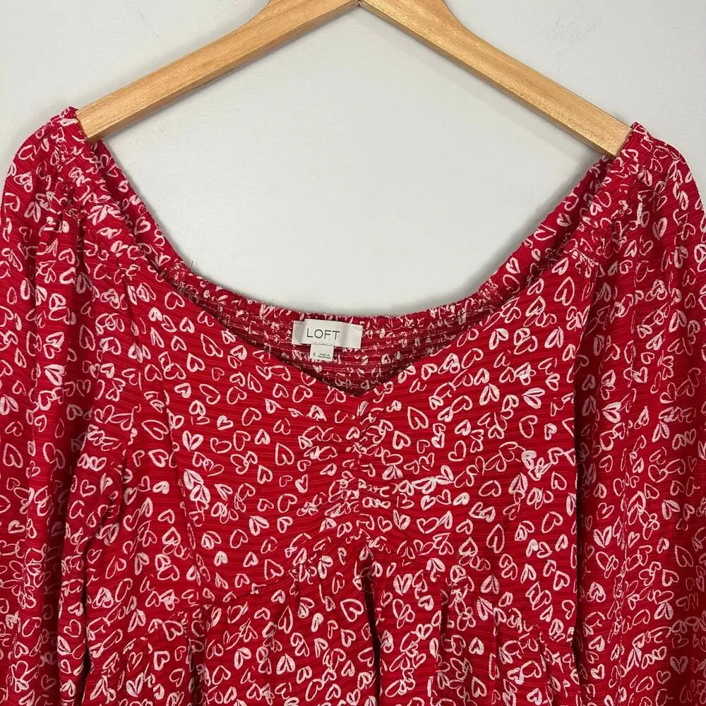 Loft Cotton Blend Heart Allover Print Peplum Blouse Balloon sleeve Size 6